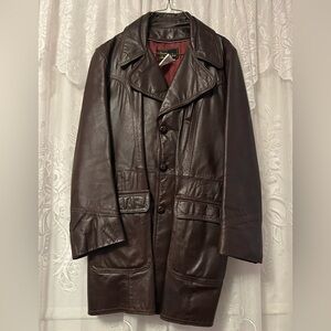 Vintage 1970s Brown Leather Trench Coat Mens 40 Sears Canada Long Jacket